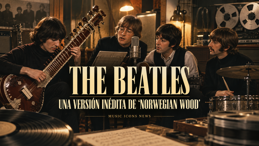The Beatles en un estudio de grabación con un sitar para la versión inédita de Norwegian Wood